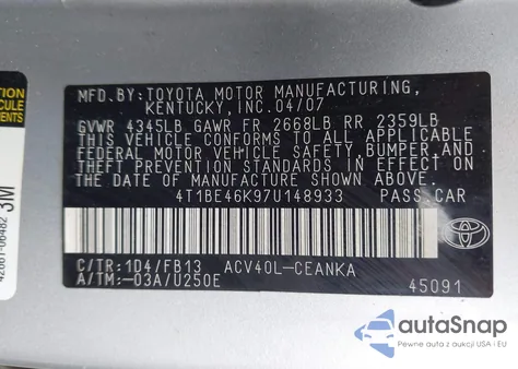 2007 Toyota Camry Le from USA, damaged, VIN 4T1BE46K97U148933